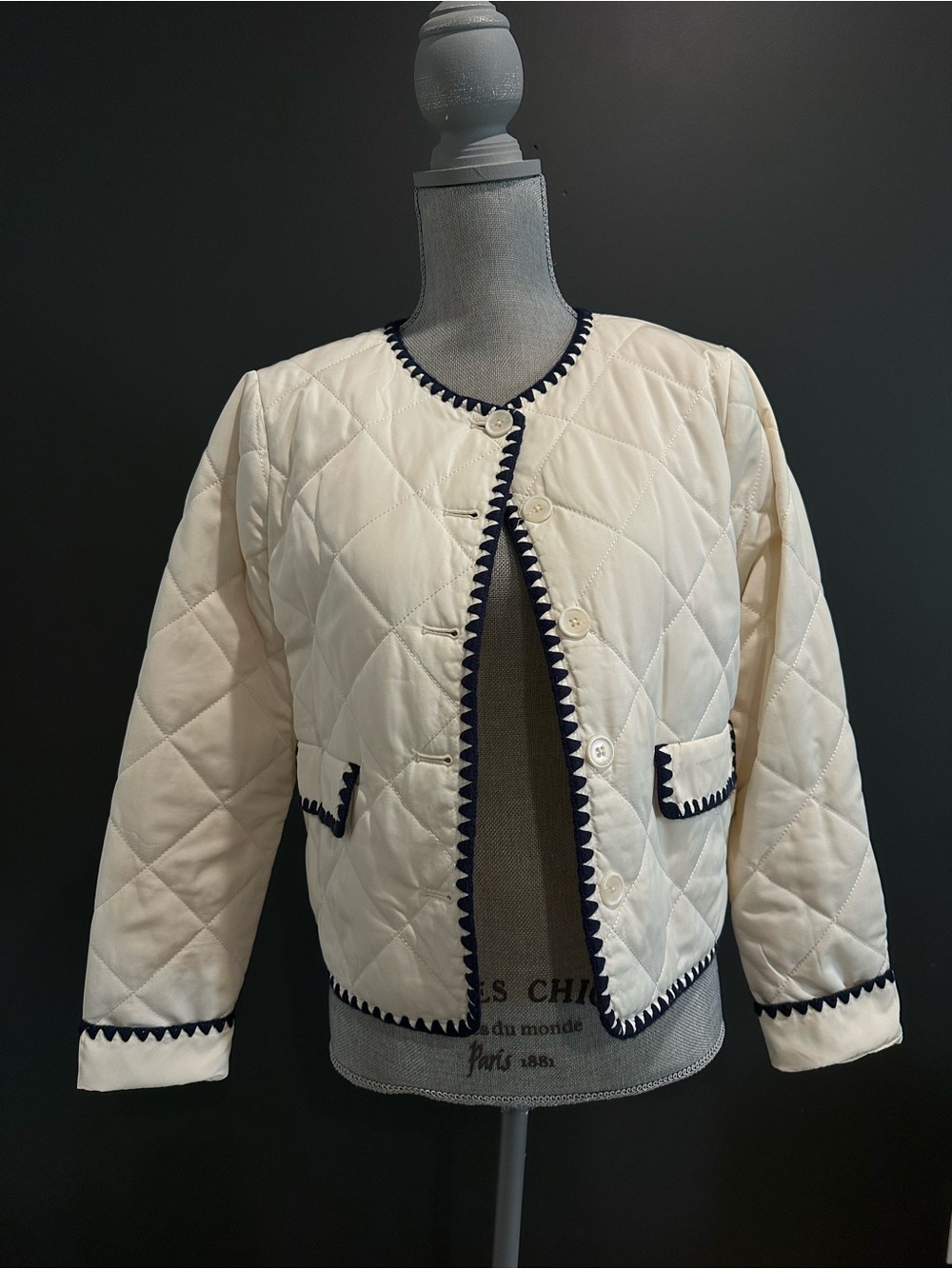 Wayf Cream Quilted Jacket with Navy Trim